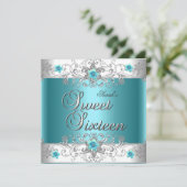 Sweet sixteen16バースデーパーティーティール(緑がかった色)ブルーダイヤモンド 招待状 (スタンド正面)