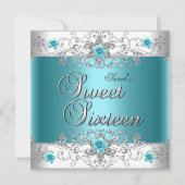 Sweet sixteen16バースデーパーティーティール(緑がかった色)ブルーダイヤモンド 招待状 (正面)