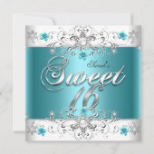 Sweet sixteen16バースデーパーティーティール（緑がかった色）ブルーダイヤモンド 招待状 (正面)