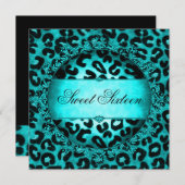 Sweet sixteen16バースデーパーティーティール（緑がかった色）ブルーレオパード 招待状 (正面/裏面)