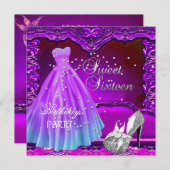 Sweet sixteen16バースデーパーティーパープルドレスガウン 招待状 (正面/裏面)