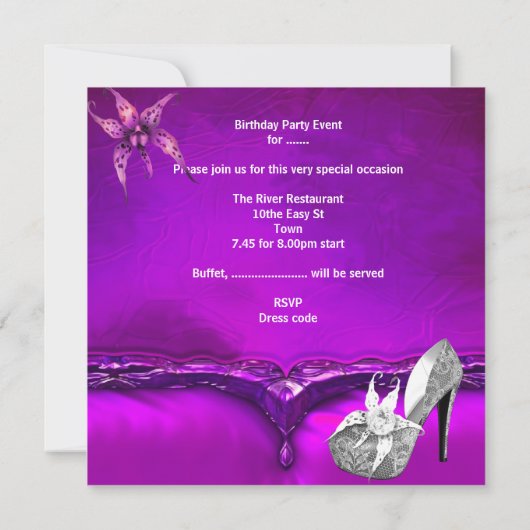 Sweet sixteen16バースデーパーティーパープルドレスガウン 招待状 (裏面)