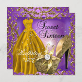 Sweet sixteen16バースデーパーティーパープル金ゴールドドレス 招待状 (正面/裏面)