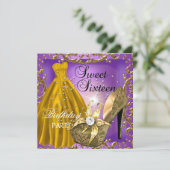 Sweet sixteen16バースデーパーティーパープル金ゴールドドレス 招待状 (スタンド正面)