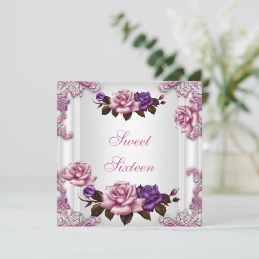 Sweet sixteen16バースデーパーティーホワイトピンクローズ 招待状 (スタンド正面)