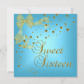 Sweet sixteen16バースデーパーティー金ゴールドスターズブルー 招待状 (正面)