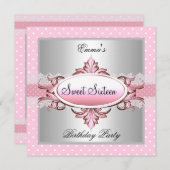 Sweet sixteen16パーティーシルバーピンクホワイトスポット 招待状 (正面/裏面)