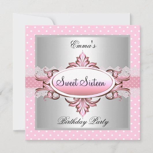 Sweet sixteen16パーティーシルバーピンクホワイトスポット 招待状 (正面)
