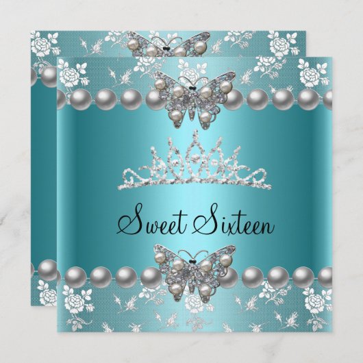 Sweet sixteen16パーティーティール（緑がかった色）ブルーパールバタフライ 招待状 (正面/裏面)