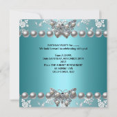 Sweet sixteen16パーティーティール（緑がかった色）ブルーパールバタフライ 招待状 (裏面)