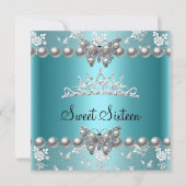 Sweet sixteen16パーティーティール（緑がかった色）ブルーパールバタフライ 招待状 (正面)