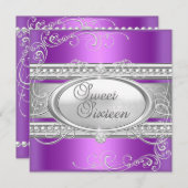 Sweet sixteen16パーティーパープルホワイトシルバーパール 招待状 (正面/裏面)