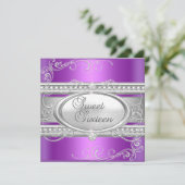 Sweet sixteen16パーティーパープルホワイトシルバーパール 招待状 (スタンド正面)