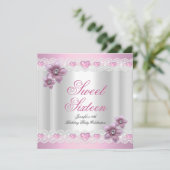 Sweet sixteen16パーティーピンクシルバーピンク花 招待状 (スタンド正面)