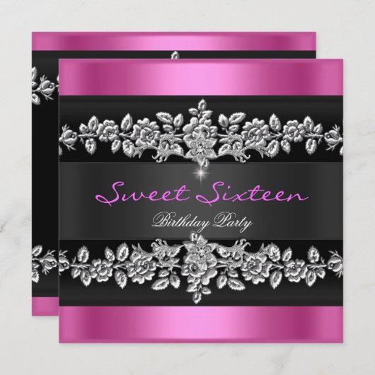 Sweet sixteen16パーティーピンクブラックシルバーホワイト 招待状 (正面/裏面)