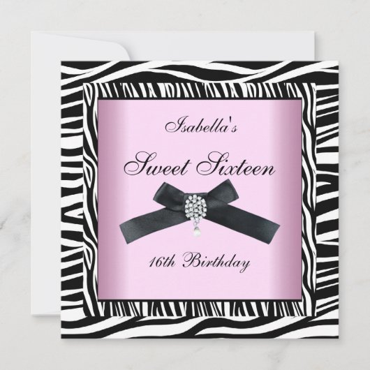 Sweet sixteen16パーティーピンク白黒ゼブラ5 招待状 (正面)