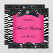 Sweet sixteen16パーティーピンク白黒ゼブラ 招待状 (正面/裏面)