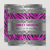 Sweet sixteen16パーティーホットピンクシルバーゼブラブラック 招待状 (正面/裏面)