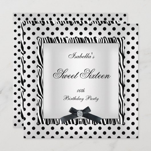 Sweet sixteen16パーティー白黒水玉模様画像 招待状 (正面/裏面)