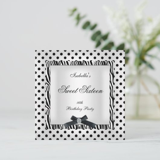Sweet sixteen16パーティー白黒水玉模様画像 招待状 (スタンド正面)
