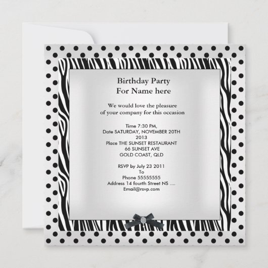 Sweet sixteen16パーティー白黒水玉模様画像 招待状 (裏面)