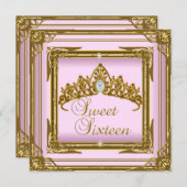 Sweet sixteen16ピンクティアラ金ゴールドグリッター 招待状 (正面/裏面)