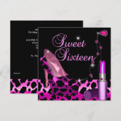 Sweet sixteen16ピンクヒョウ靴リップスティック 招待状 (正面/裏面)