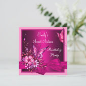 Sweet sixteen16ピンクフラワーバタフライ誕生日 招待状 (スタンド正面)