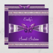 Sweet sixteen16ホワイトパープルバタフライ 招待状 (正面/裏面)