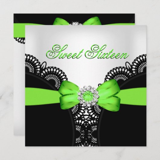 Sweet sixteen16ライム白黒レース 招待状 (正面/裏面)