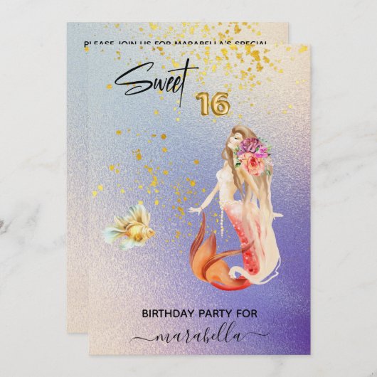 *～*SWEET SIXTEEN16人の人魚グラデーションの誕生日パーティー  招待状 (正面/裏面)