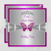 Sweet sixteen16明るい赤紫色ピンクシルバーティアラ3 招待状 (正面/裏面)