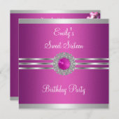 Sweet sixteen16暗い赤紫色シルバージュエル誕生日 招待状 (正面/裏面)