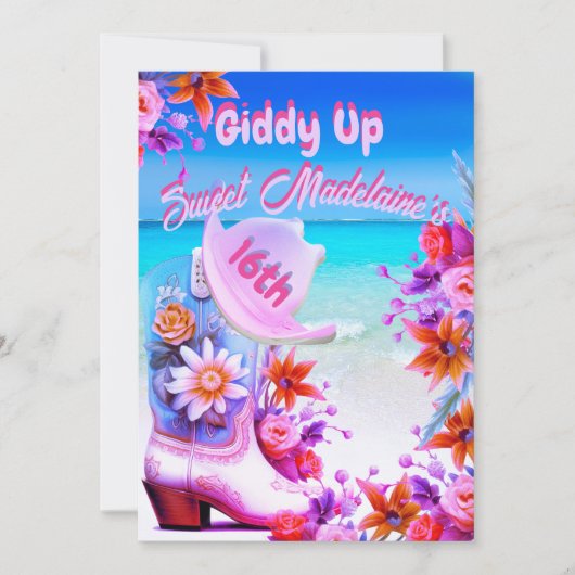 Sweet sixteen16番目のビーチ女性のカーボーイフローラ誕生日 招待状 (正面)