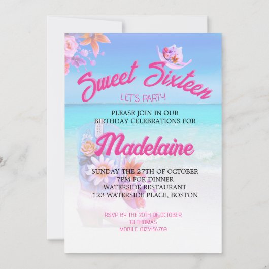 Sweet sixteen16番目のビーチ女性のカーボーイフローラ誕生日 招待状 (裏面)
