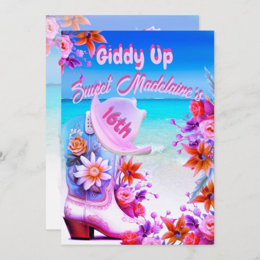 Sweet sixteen16番目のビーチ女性のカーボーイフローラ誕生日 招待状 (正面/裏面)