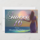 Sweet sixteen16番目の紫の女の子オンビーチ海ブルー 招待状 (正面)