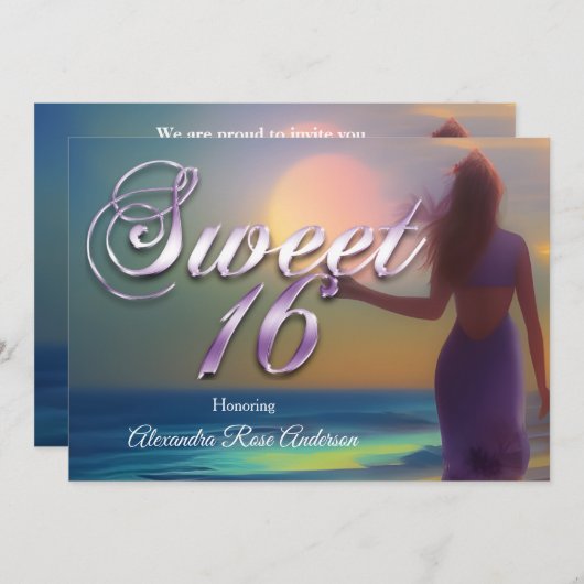 Sweet sixteen16番目の紫の女の子オンビーチ海ブルー 招待状 (正面/裏面)