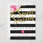 Sweet sixteen16番目の誕生日白黒ストライプ 招待状 (正面)