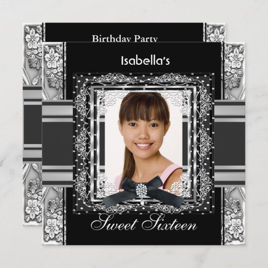 Sweet sixteen16白黒シルバーバースデーパーティー 招待状 (正面/裏面)