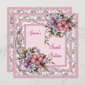 Sweet sixteen16誕生日かわいらしピンクフローラ2 招待状 (正面/裏面)