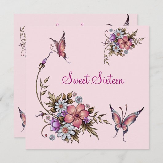 Sweet sixteen16誕生日かわいらしピンクフローラ4 招待状 (正面/裏面)
