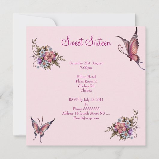 Sweet sixteen16誕生日かわいらしピンクフローラ4 招待状 (裏面)