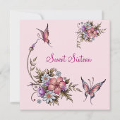 Sweet sixteen16誕生日かわいらしピンクフローラ4 招待状 (正面)