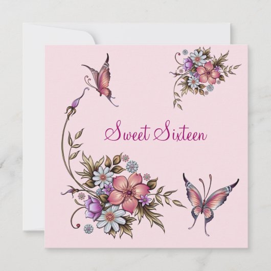 Sweet sixteen16誕生日かわいらしピンクフローラ4 招待状 (正面)