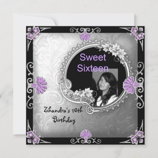 Sweet sixteen16誕生日シルバーパープル写真 招待状 (正面)