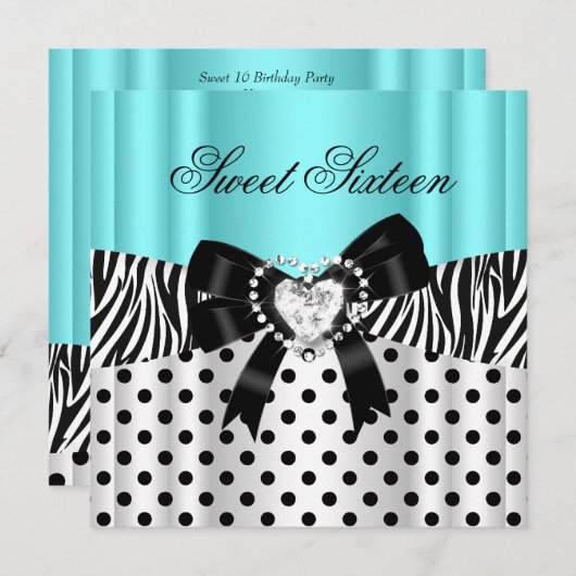 Sweet sixteen16誕生日ティール（緑がかった色）ゼブラ水玉模様2 招待状 (正面/裏面)