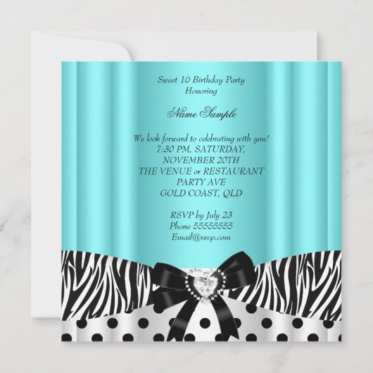 Sweet sixteen16誕生日ティール（緑がかった色）ゼブラ水玉模様2 招待状 (裏面)