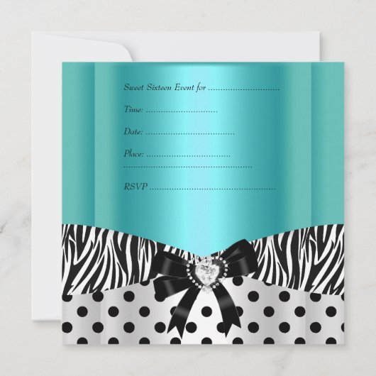 Sweet sixteen16誕生日ティール（緑がかった色）ゼブラ水玉模様 招待状 (裏面)