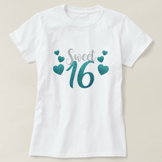 Sweet sixteen16誕生日ティール(緑がかった色)ブルーフェイクグリッター tシャツ (デザイン正面)